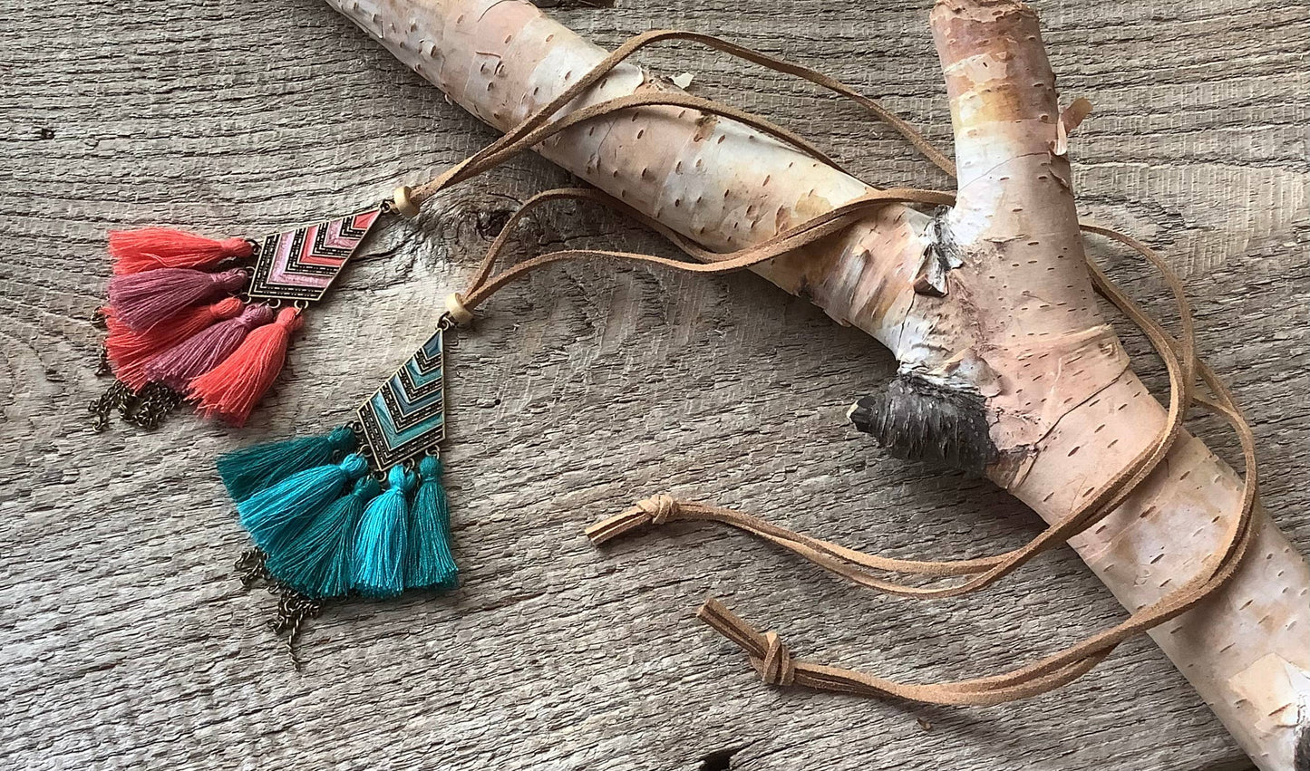 Necklace, tassel necklace, suede necklace