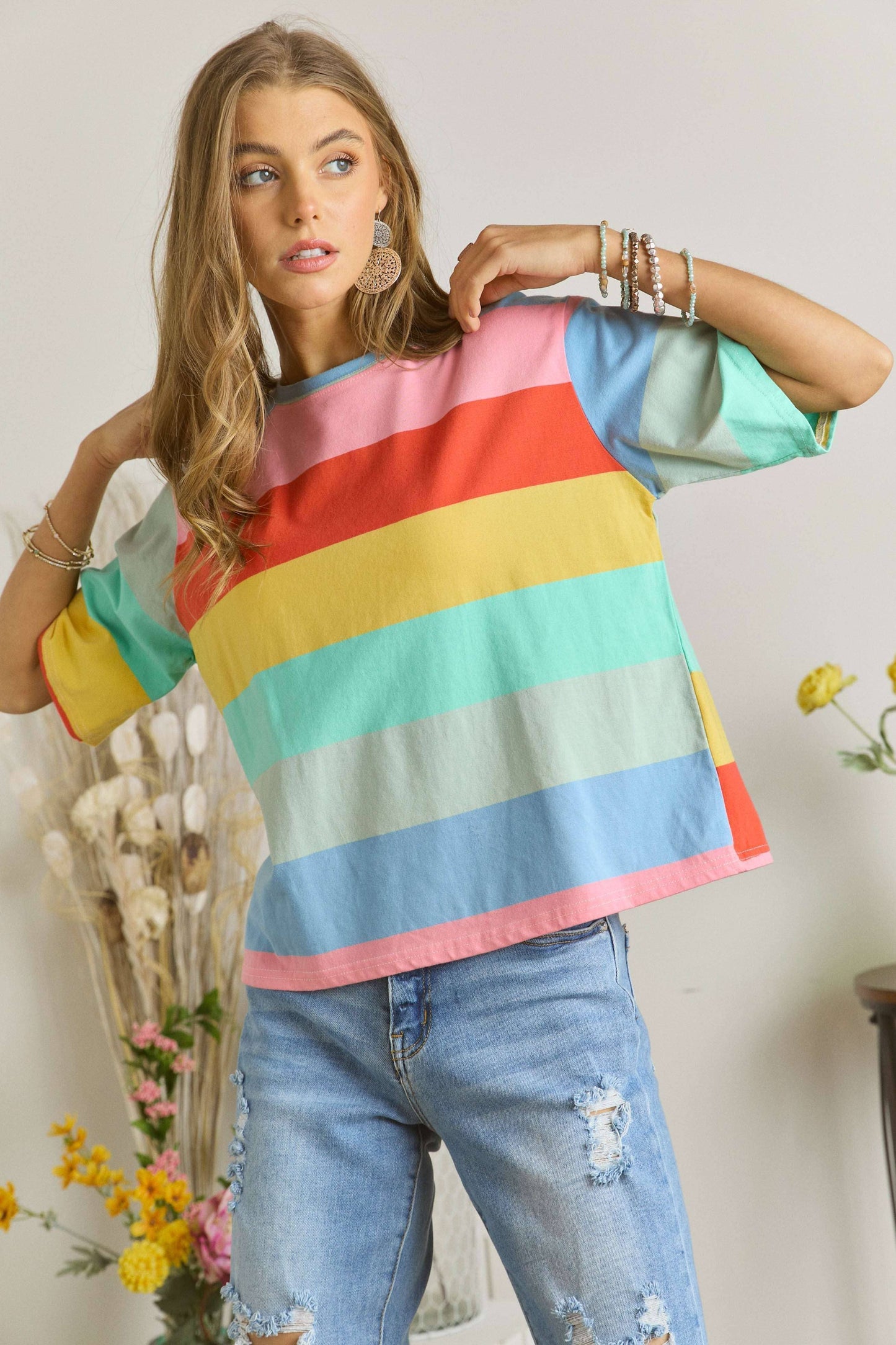 CET2093 - MULTI COLOR STRIPE CASUAL TOP