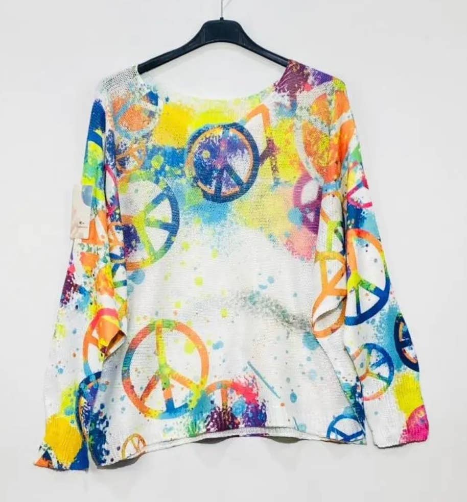 White Peace & Love Knit Printed Sweater LOOWIE