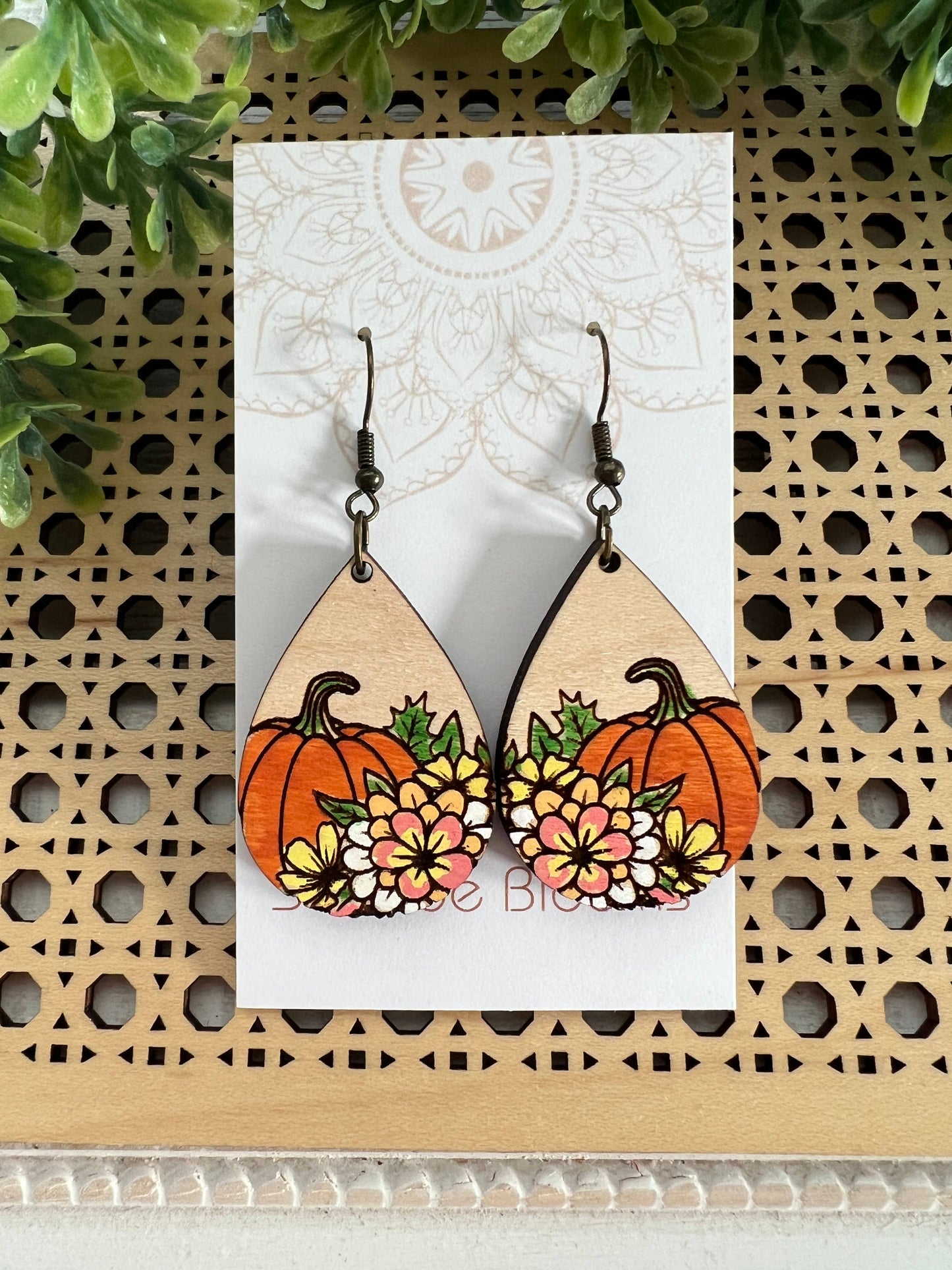 Boho hand painted lightweight pumpkin maple wood earrings