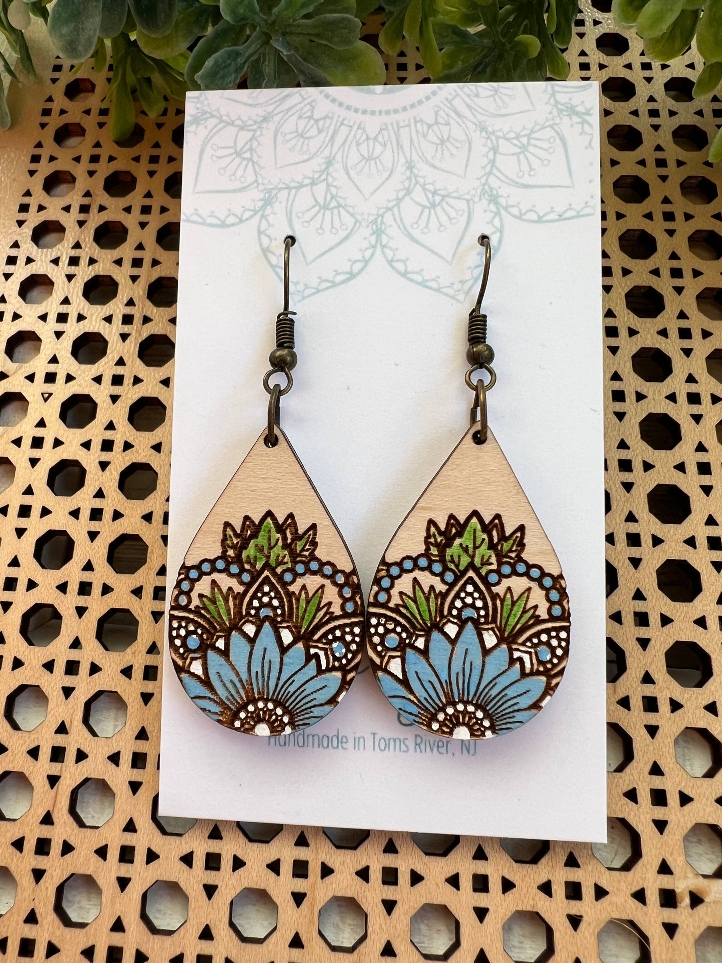 Sunflower blue hand painted lightweight wood earrings