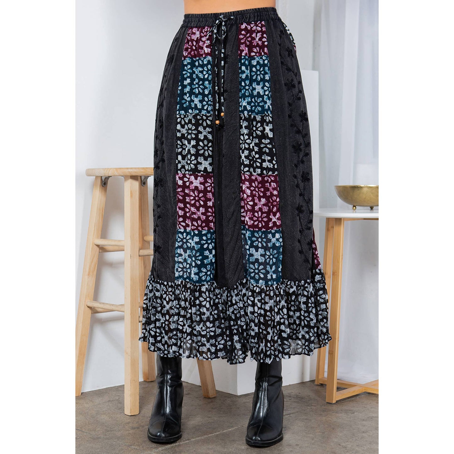 Fall Clothing Long A-Line Skirt With Multi-Embroidered