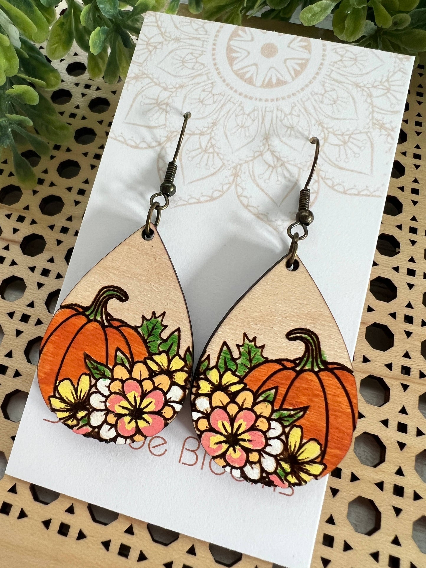 Boho hand painted lightweight pumpkin maple wood earrings