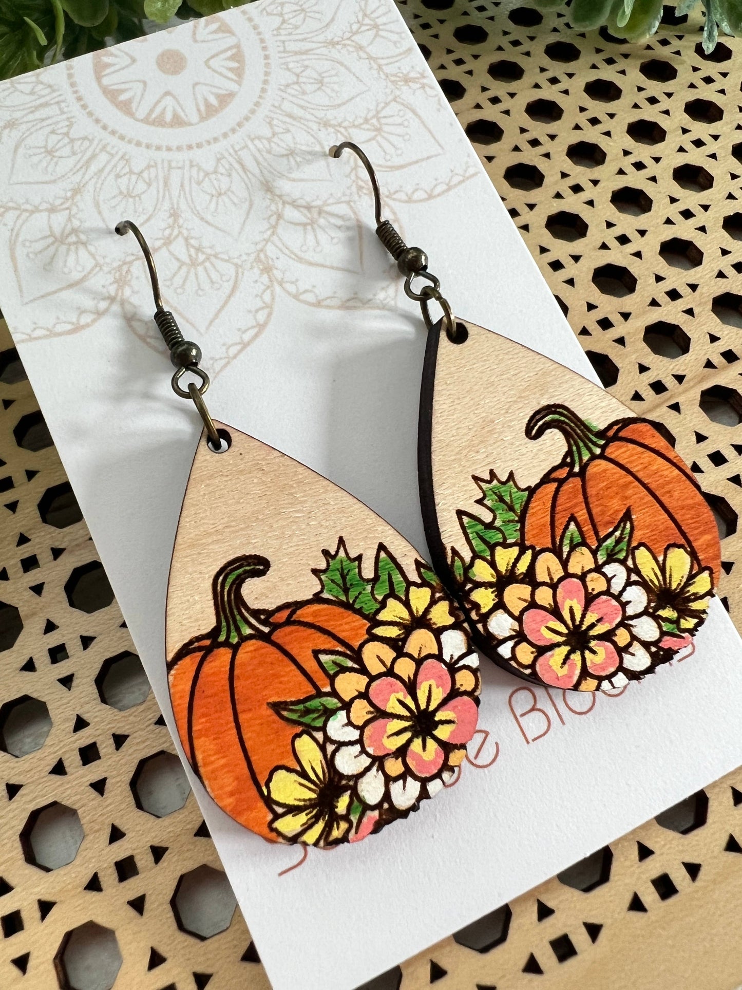 Boho hand painted lightweight pumpkin maple wood earrings