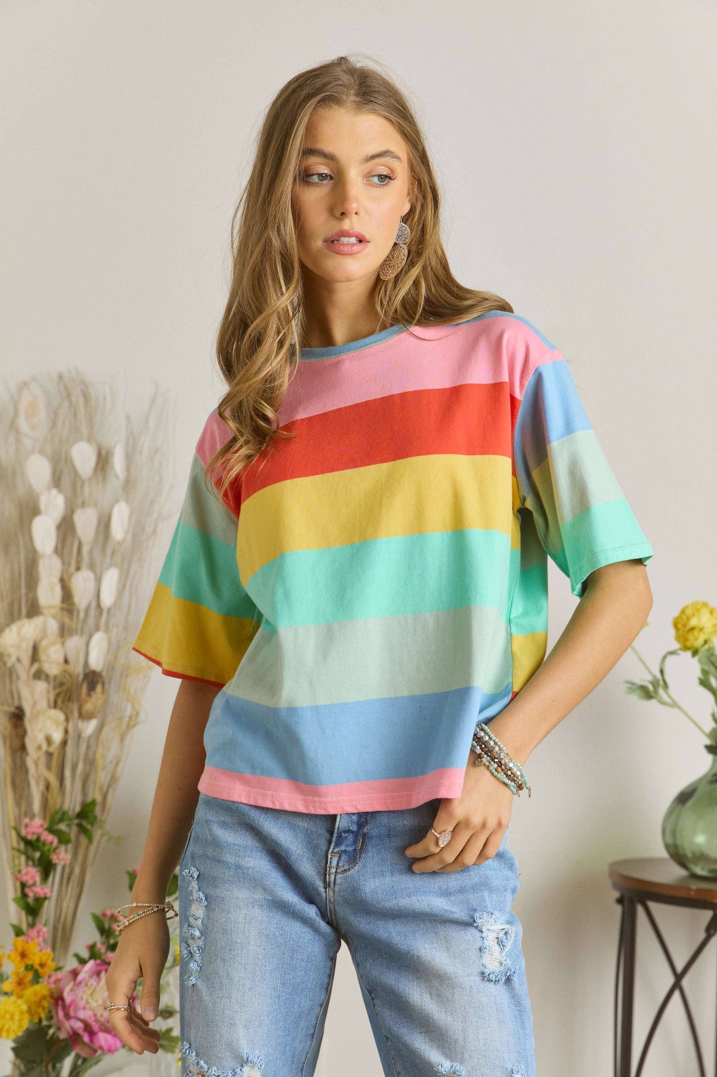 CET2093 - MULTI COLOR STRIPE CASUAL TOP