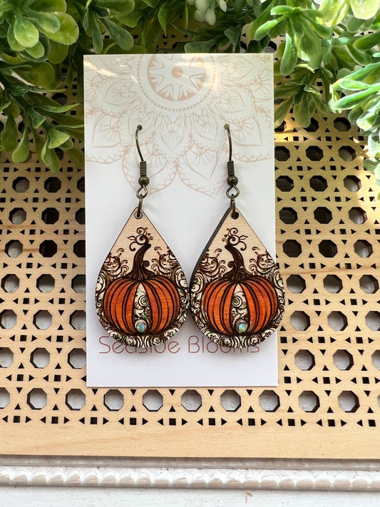 Pumpkin  hand painted lightweight  maple wood earrings   