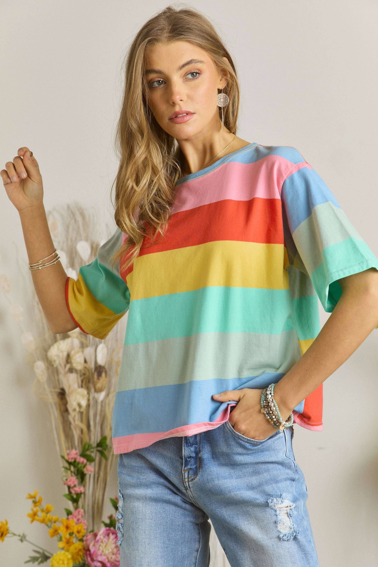 CET2093 - MULTI COLOR STRIPE CASUAL TOP