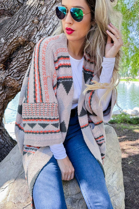 Olive Aztec Soft Knit Open Front Cardigan With Pocket