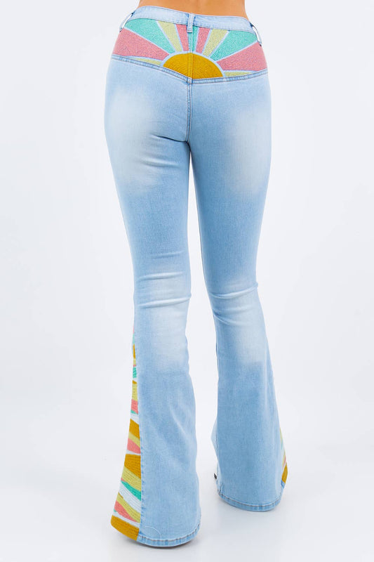 Groovy Sunrise Embroidery Bellbottom Jeans