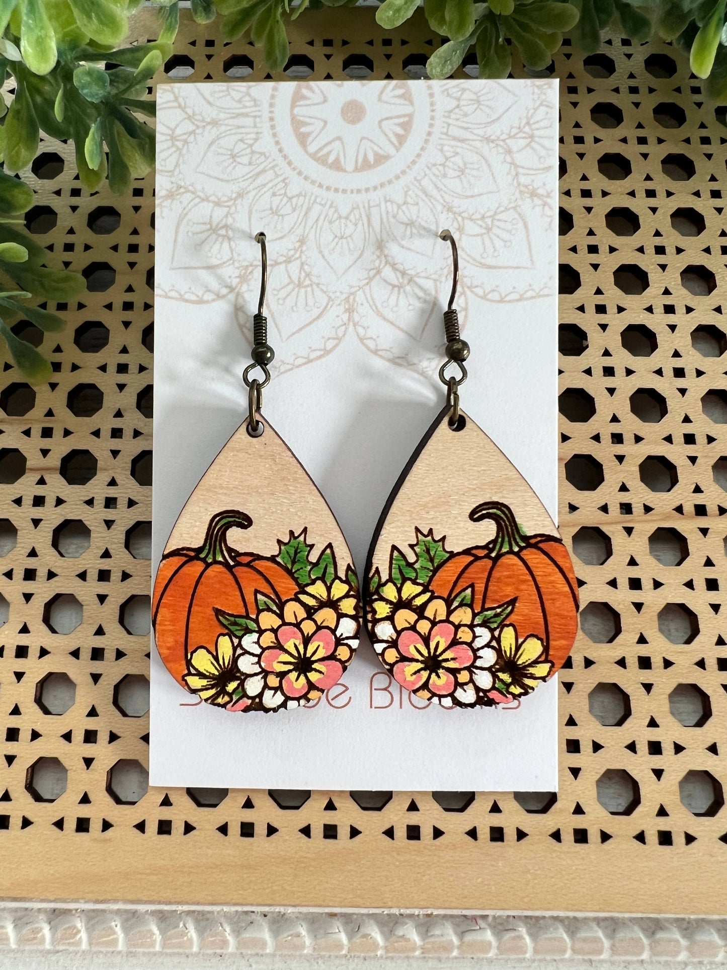 Boho hand painted lightweight pumpkin maple wood earrings