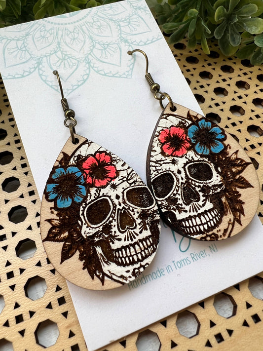 Sugarskull hand painted lightweight wood earrings