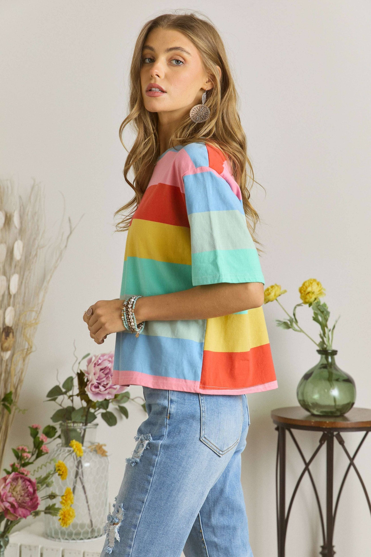 CET2093 - MULTI COLOR STRIPE CASUAL TOP