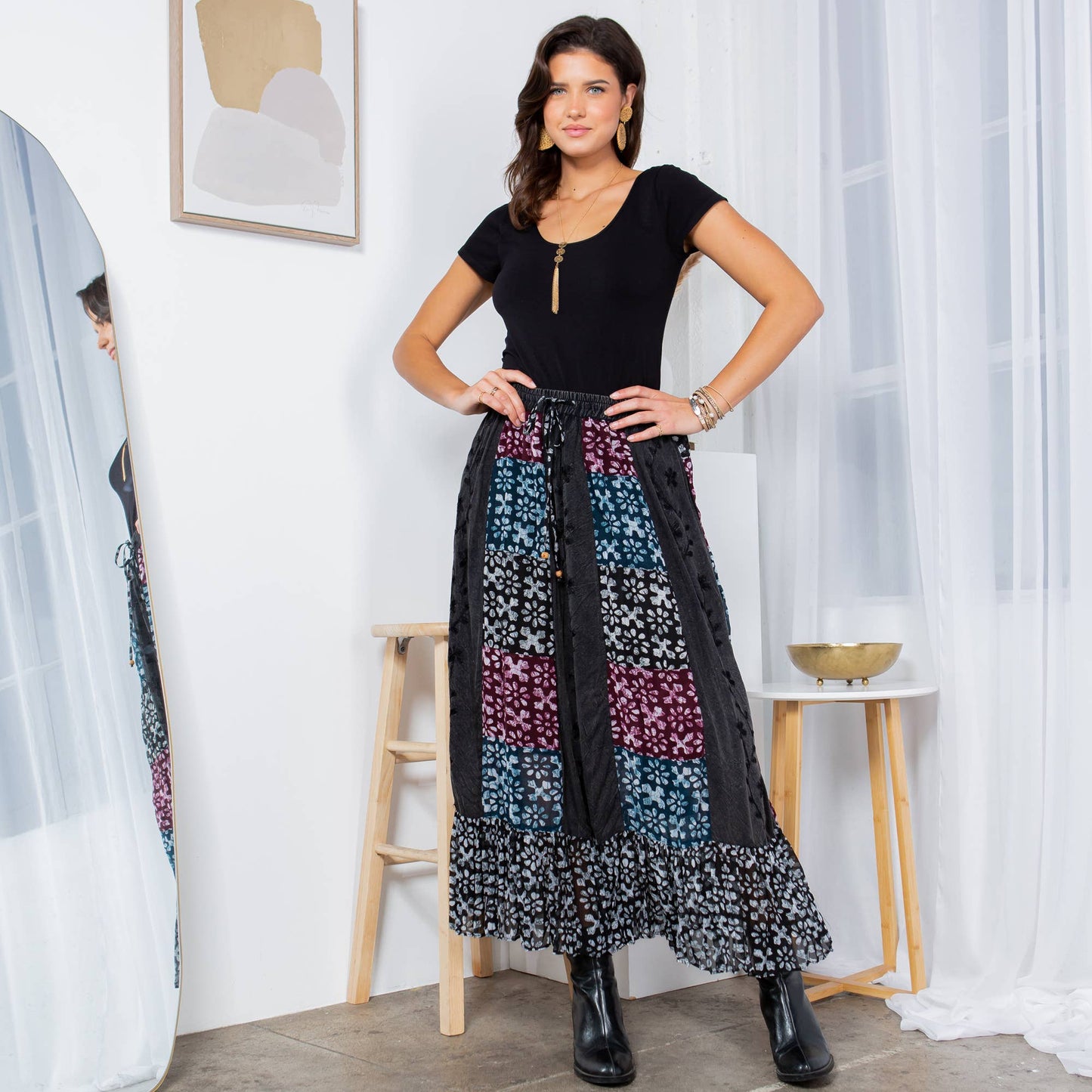 Fall Clothing Long A-Line Skirt With Multi-Embroidered