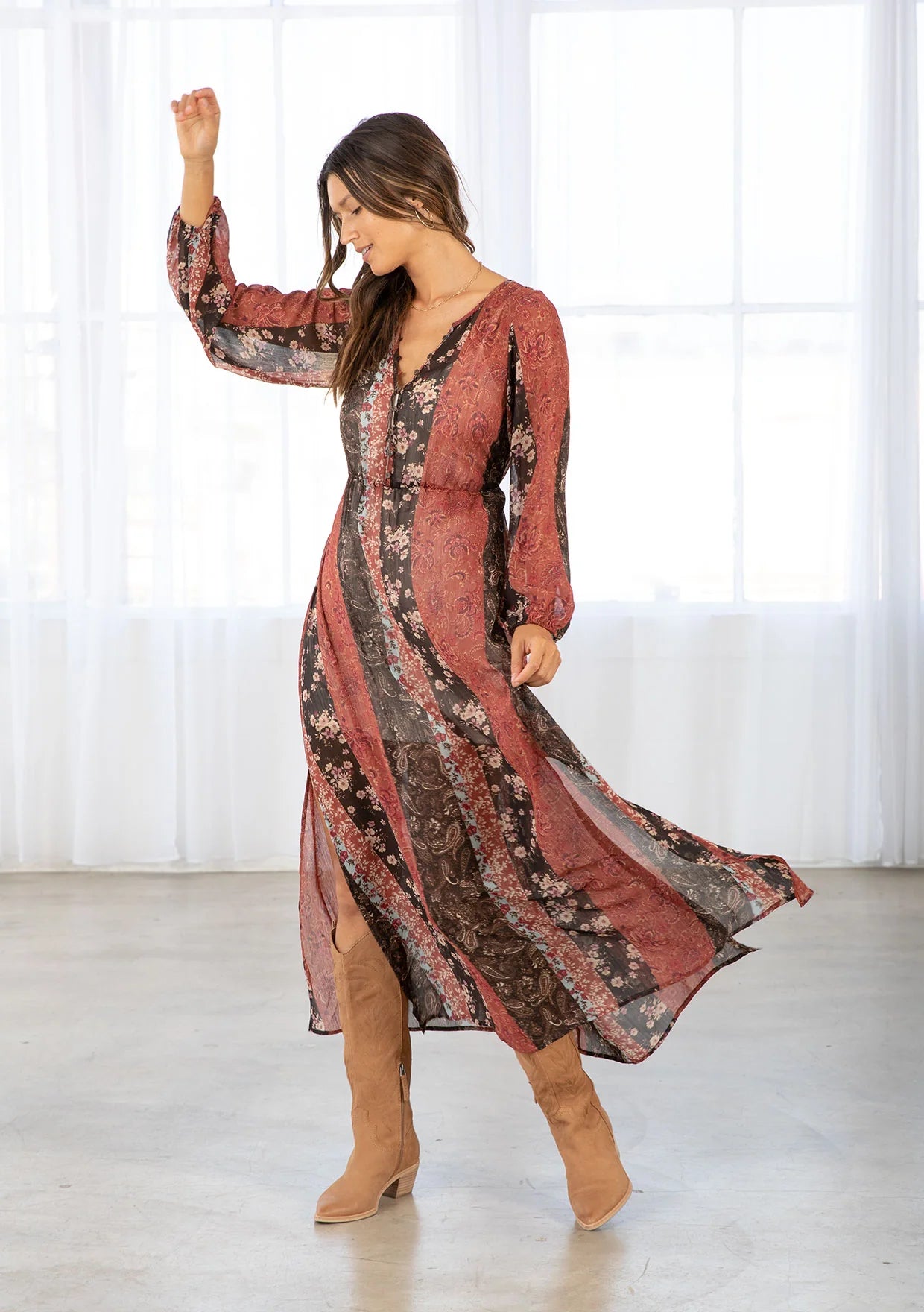 Floral Patchwork Bohemian Long Sleeve Maxi Dress