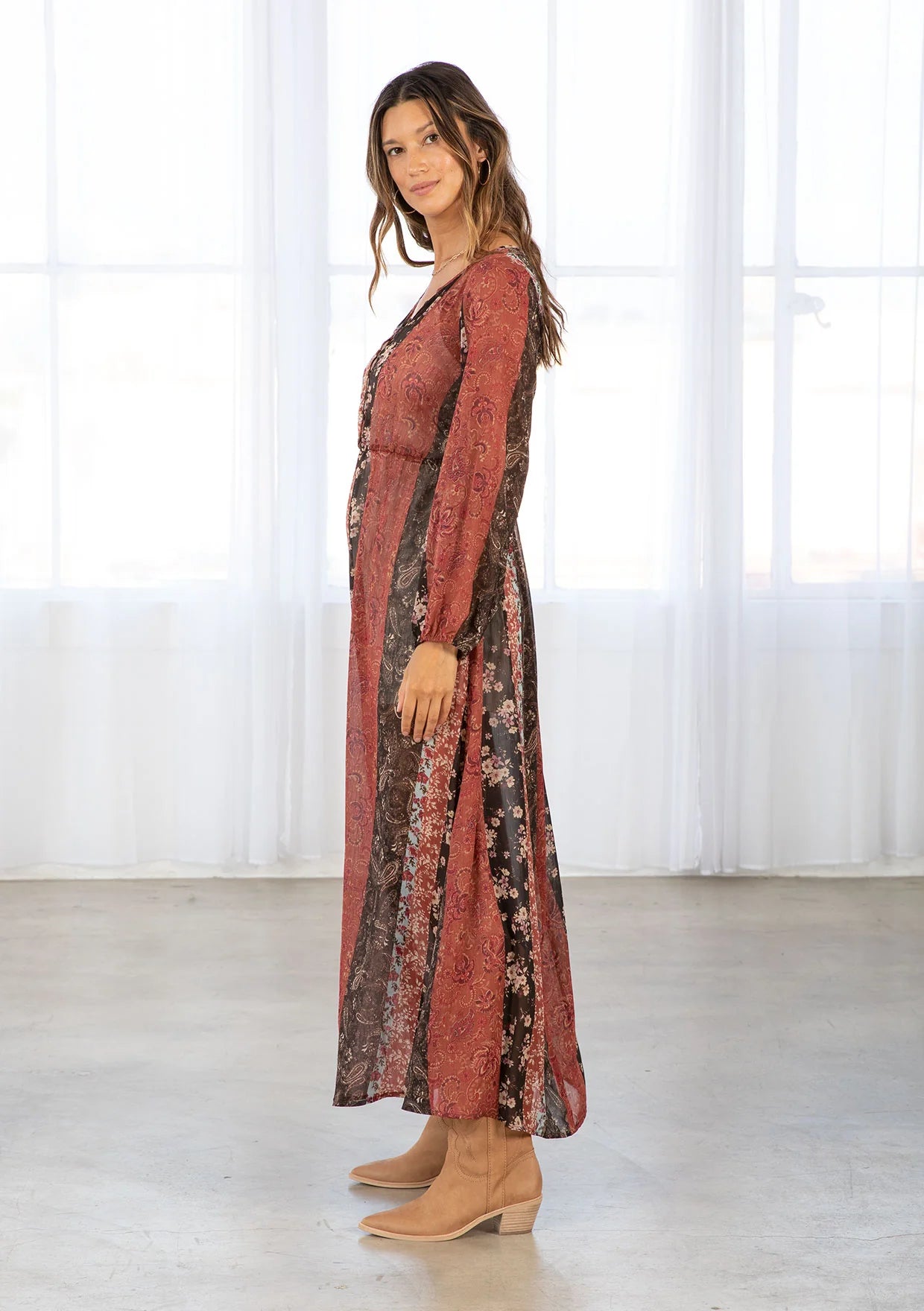 Floral Patchwork Bohemian Long Sleeve Maxi Dress