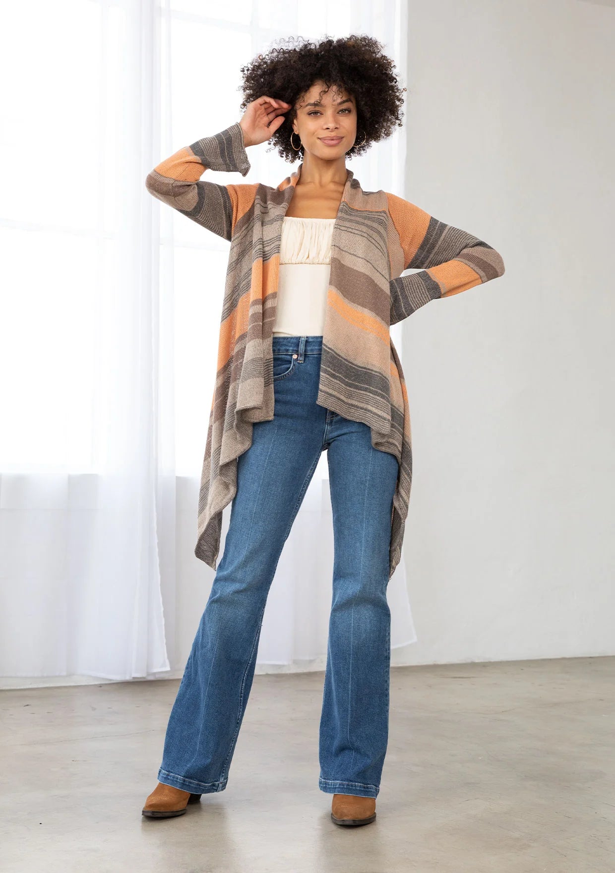 Fall Waterfall Hem Open Front Striped Cardigan