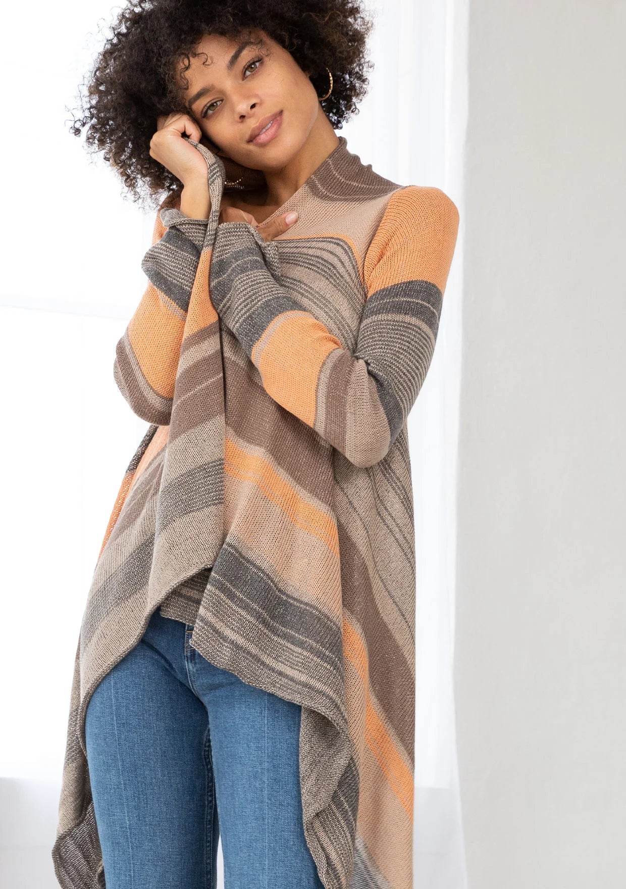 Fall Waterfall Hem Open Front Striped Cardigan