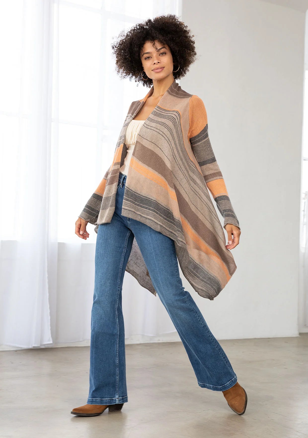 Fall Waterfall Hem Open Front Striped Cardigan