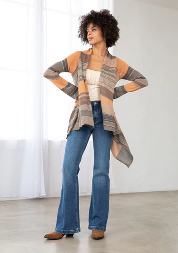 Fall Waterfall Hem Open Front Striped Cardigan