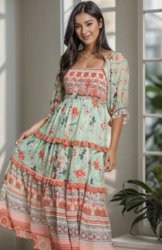 BOHO RUFFLE SMOCKED BODICE SHORT PUFF SLEEVE DRESS