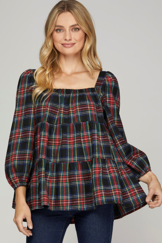 3/4 SLEEVE TIERED SQUARE NECK PLAID PRINT WOVEN TOP