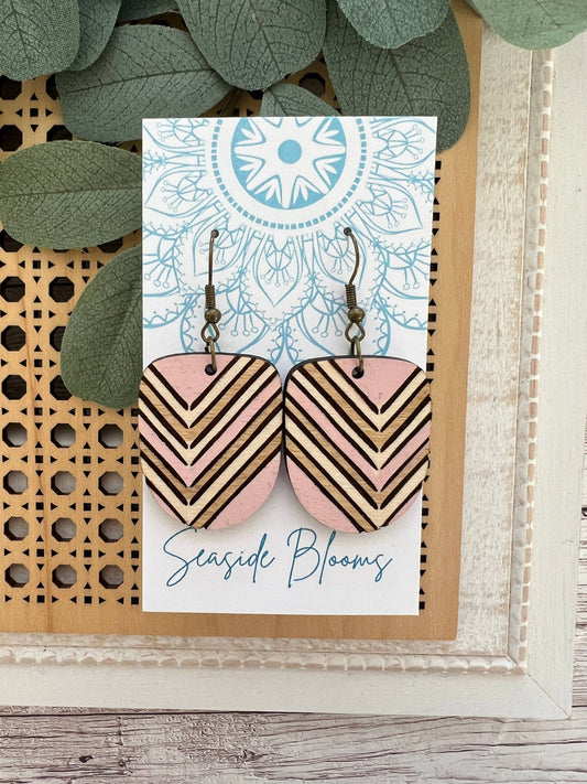 Boho pink hand painted lightweight wood earrings 