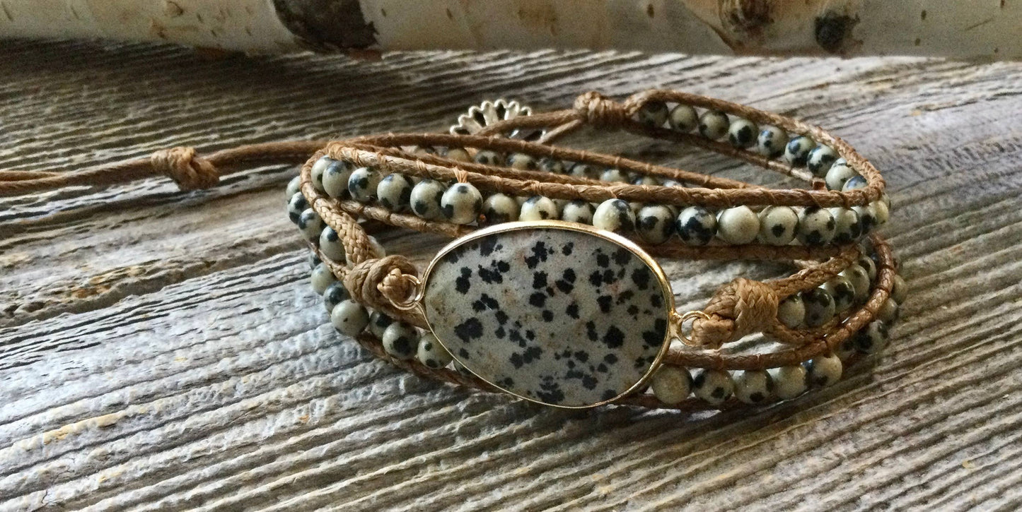 Bracelet, beaded wrap bracelet, spotted jasper