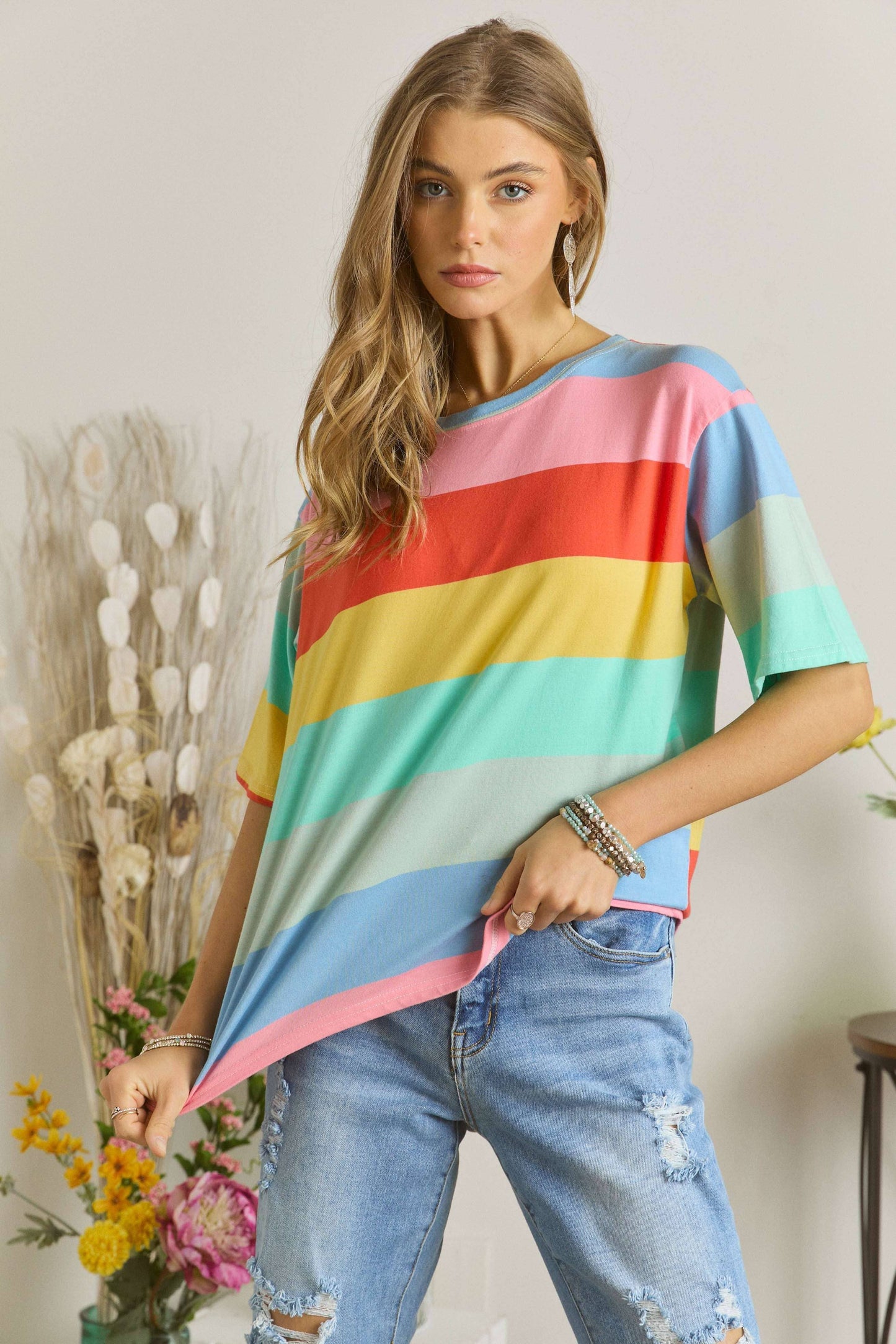 CET2093 - MULTI COLOR STRIPE CASUAL TOP