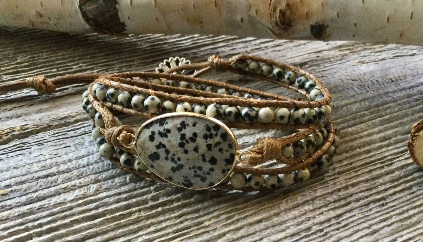 Bracelet, beaded wrap bracelet, spotted jasper