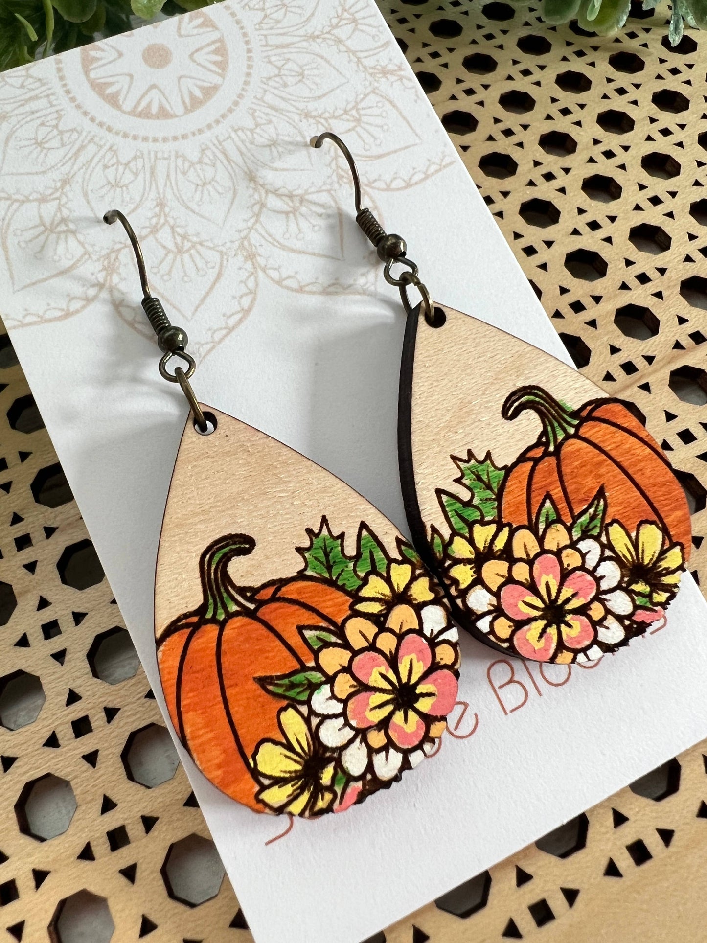 Boho hand painted lightweight pumpkin maple wood earrings