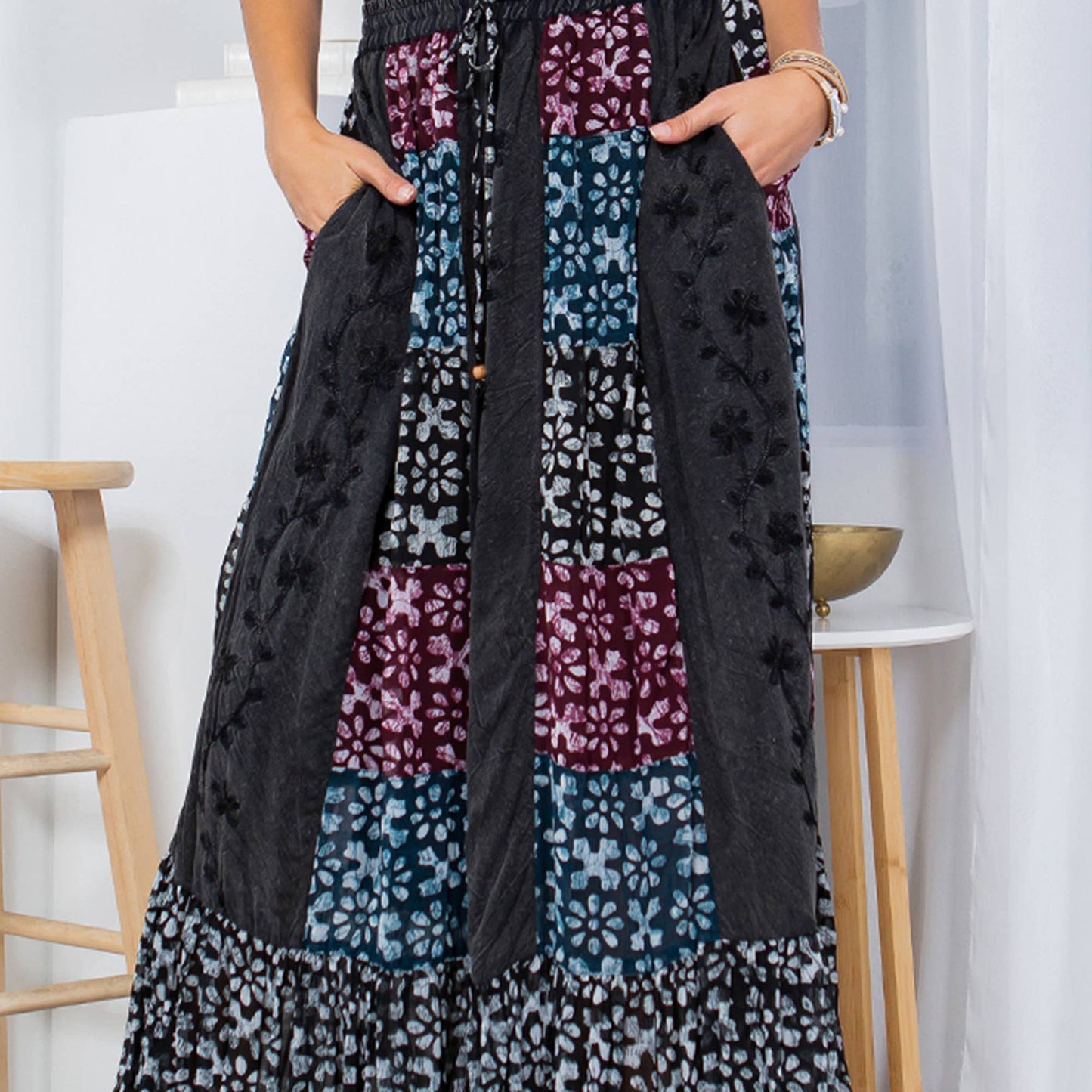 Fall Clothing Long A-Line Skirt With Multi-Embroidered