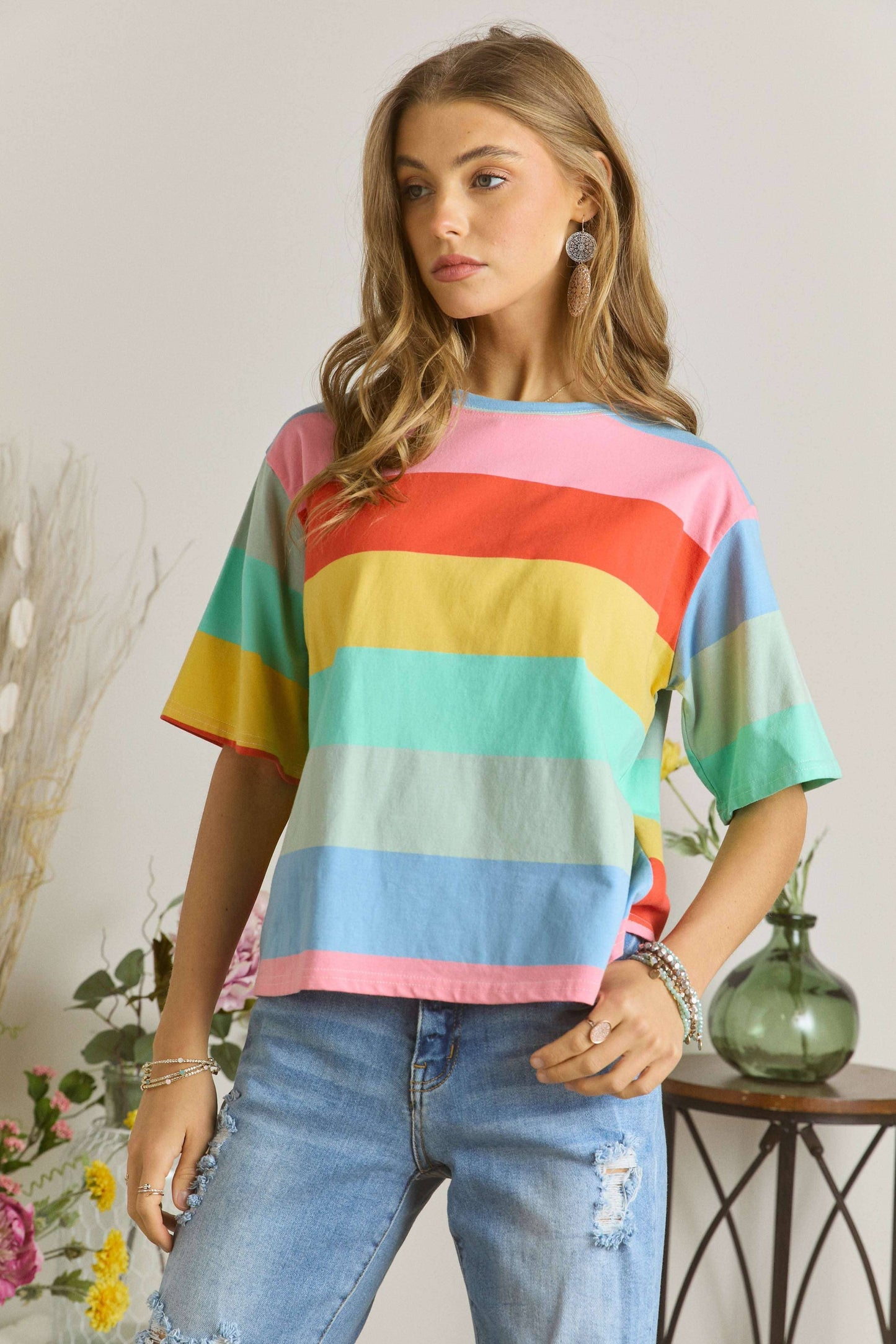 CET2093 - MULTI COLOR STRIPE CASUAL TOP