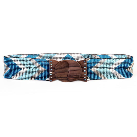 Hand loomed glass bead belt wood scroll arrow blue belts